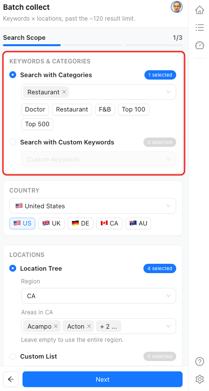 Batch Collect Search Scope with categories and custom keywords