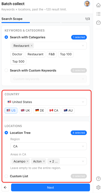 Country and location picker in Batch Collect