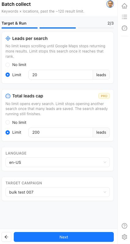 Target and Run step with caps, language, and campaign
