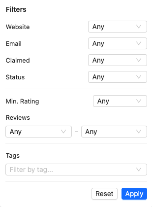 Dashboard filter panel open