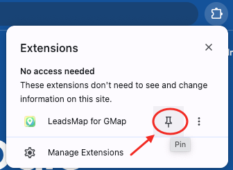 Pinning LeadsMap from the Chrome extensions menu